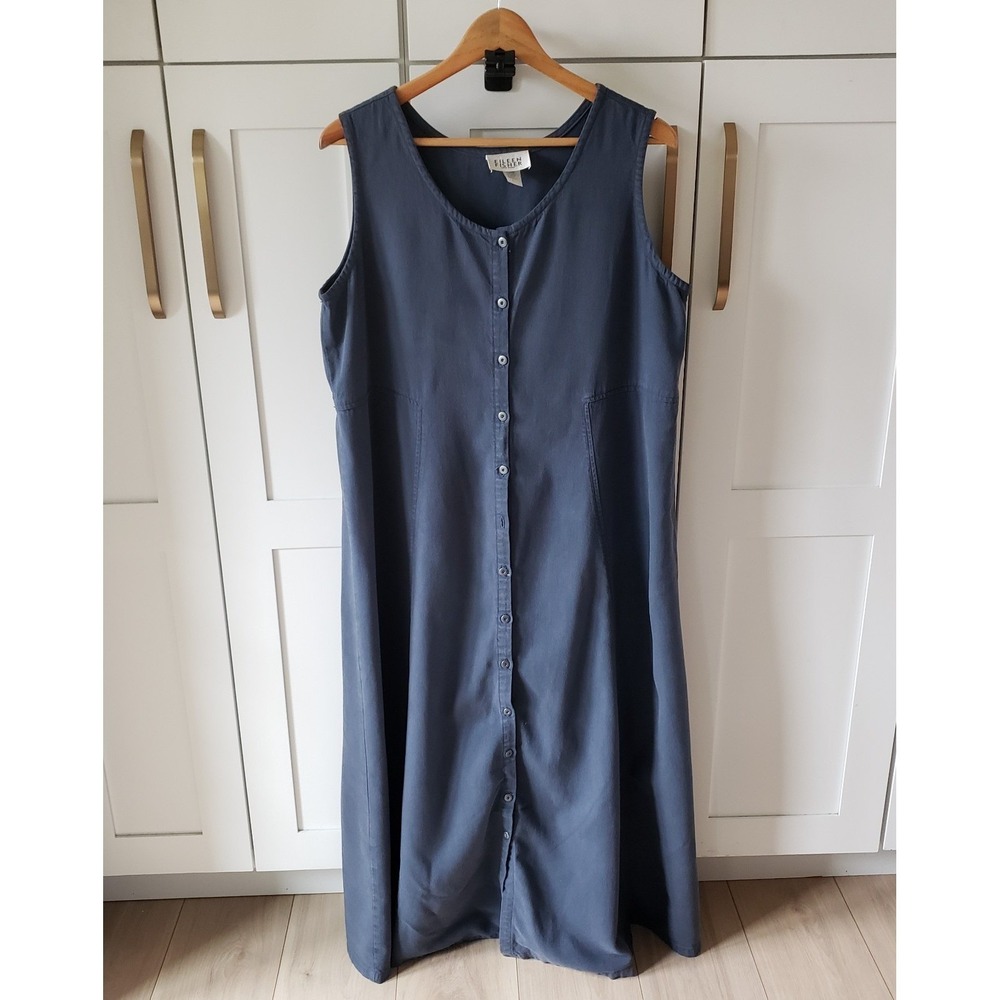 Eileen Fisher Dress Womens L Navy Blue Button Front Long Maxi Made in USA